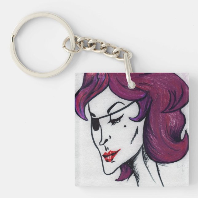 Violet Pirate Lady Purple Hair Goth Original Art Key Ring (Front)