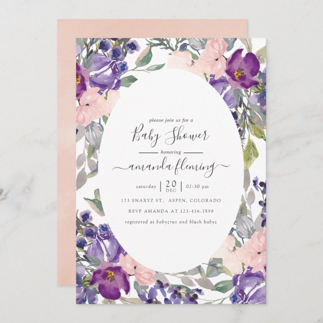 Violet, Plum and Blush Floral Baby Shower Invitation (Front/Back)