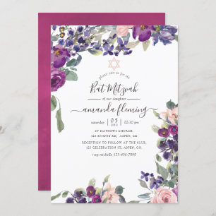 Violet, Plum and Blush Floral Bat Mitzvah Invitation