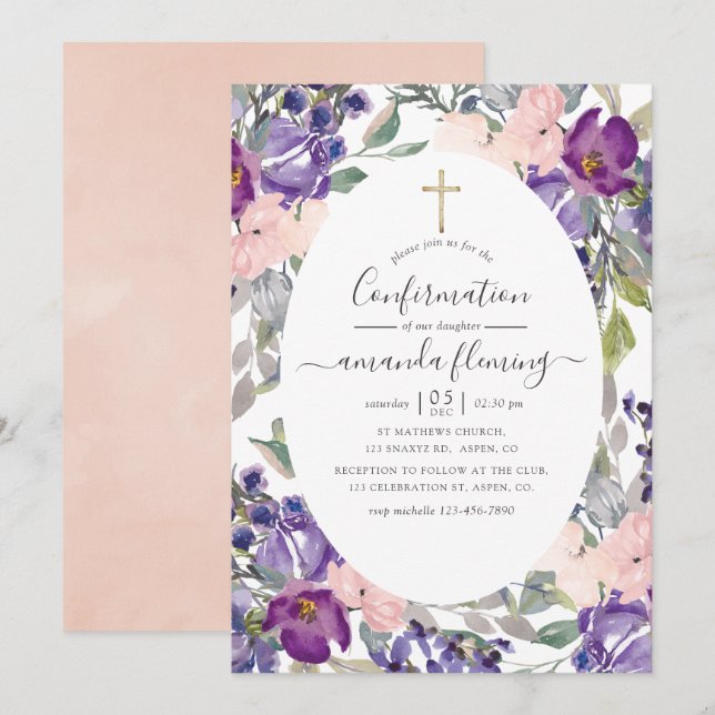 Violet, Plum and Blush Floral Confirmation Invitation (Front/Back)