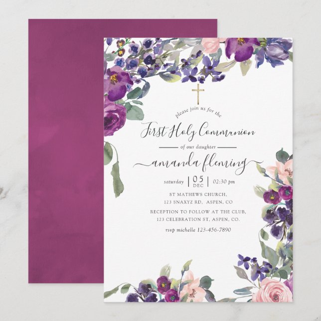 Violet, Plum and Blush Floral First Holy Communion Invitation (Front/Back)