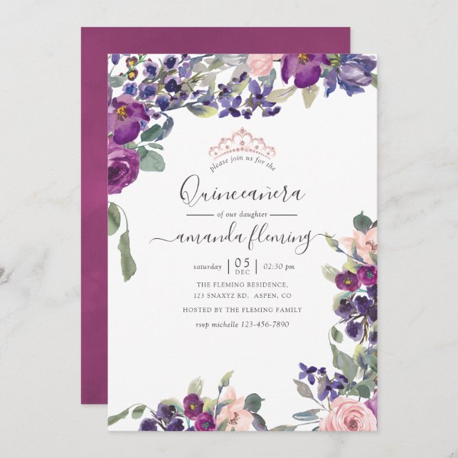 Violet, Plum and Blush Floral Quinceañera Invitation (Front/Back)