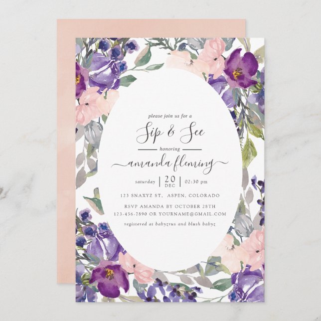 Violet, Plum and Blush Floral Sip and See Invitation (Front/Back)