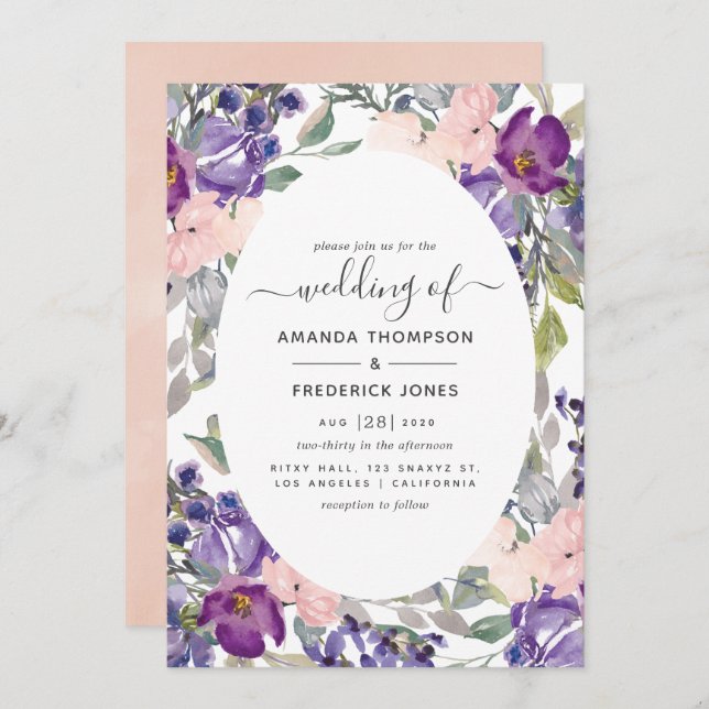Violet, Plum and Blush Floral Wedding Invitation (Front/Back)