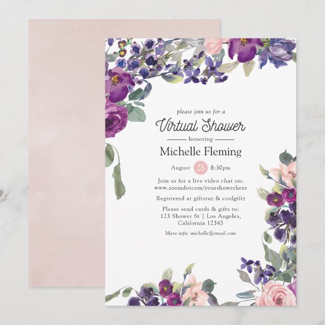 Violet, Plum & Blush Virtual Baby or Bridal Shower Invitation (Front/Back)