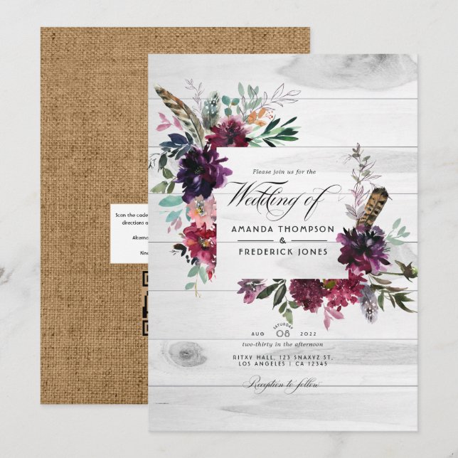 Violet Plum Floral QR Code RSVP Bohemian Wedding Invitation (Front/Back)