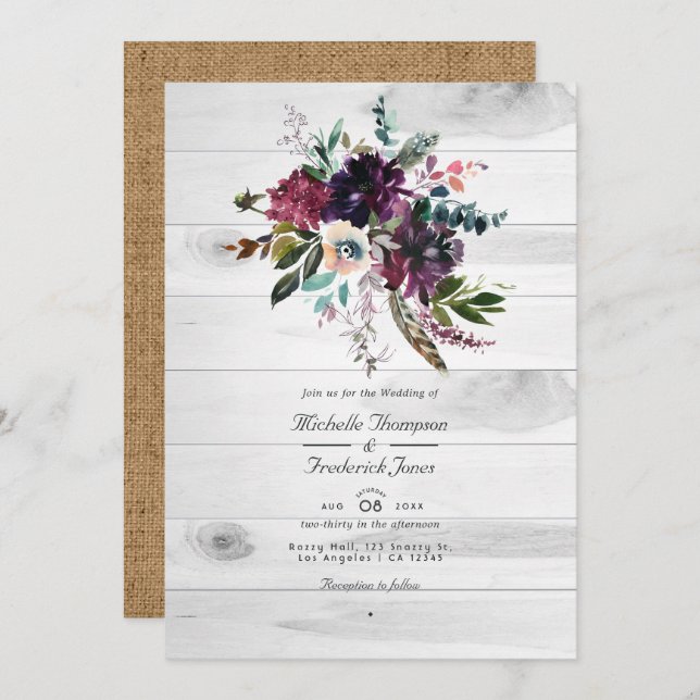 Violet Plum Floral Rustic QR Code Bohemian Wedding Invitation (Front/Back)