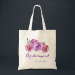 Violet plum purple bouquet wedding bridesmaid tote bag<br><div class="desc">Rustic elegant floral wedding stylish bridesmaid / maid of honour / flower girl tote bag featuring a big pastel pink blush, violet, lilac, mauve and red burgundy peonies bouquet with your custom text. Fill in your information in the spots, You can choose to customise it further changing fonts and colours...</div>