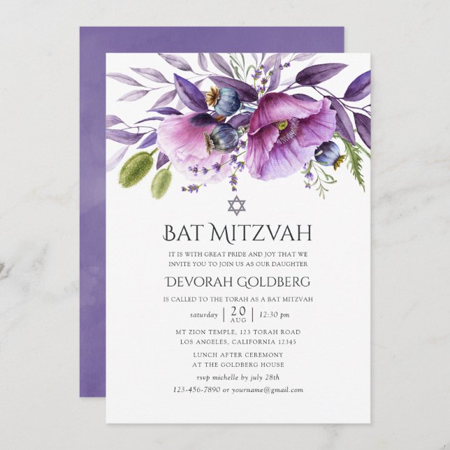 Violet Poppy Floral Bat Mitzvah Invitation (Front/Back)