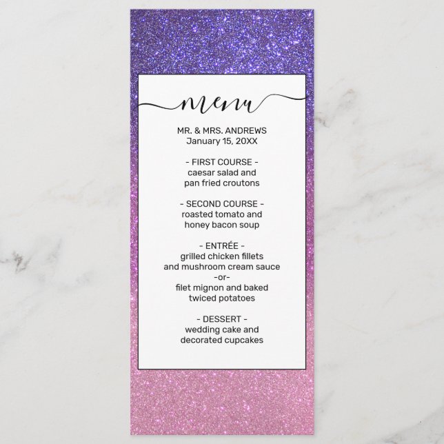 Violet Princess Blush Pink Triple Glitter Ombre Menu (Front)