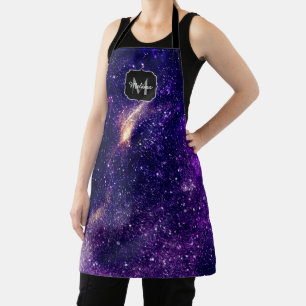 Violet purple abstract galaxy Custom Monogram Apron