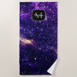 Violet purple abstract galaxy Custom Monogram Beach Towel