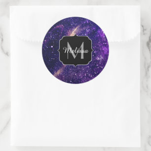 Violet purple abstract galaxy Custom Monogram Classic Round Sticker