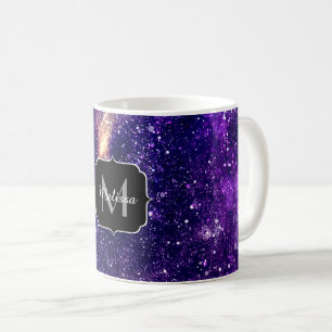 Violet purple abstract galaxy Custom Monogram Coffee Mug
