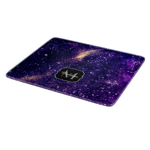 Violet purple abstract galaxy Custom Monogram Cutting Board
