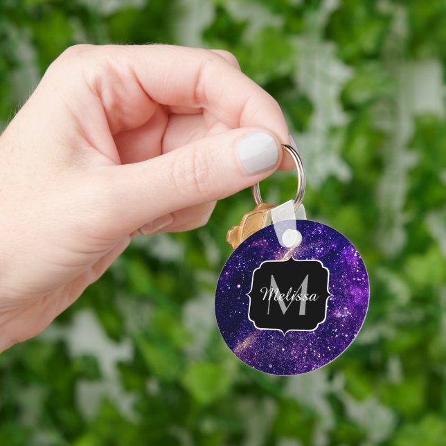 Violet purple abstract galaxy Custom Monogram Key Ring (Hand)