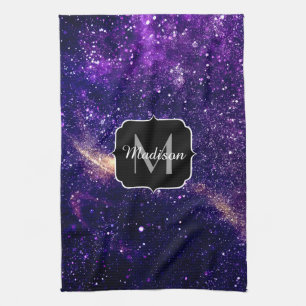 Violet purple abstract galaxy Custom Monogram Tea Towel
