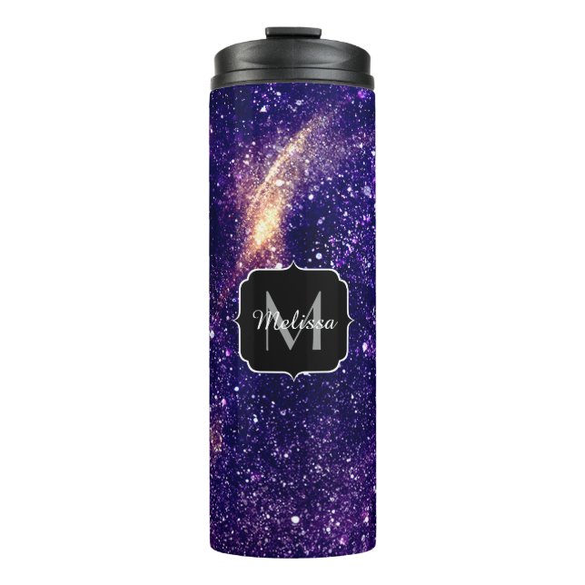 Violet purple abstract galaxy Custom Monogram Thermal Tumbler (Front)