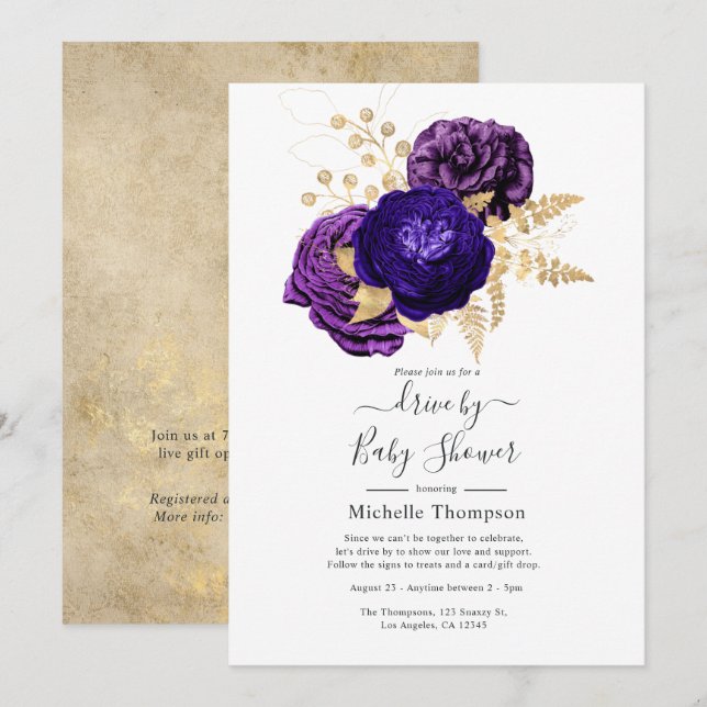 Violet, Purple and Gold Floral Drive By Shower Invitation (Front/Back)