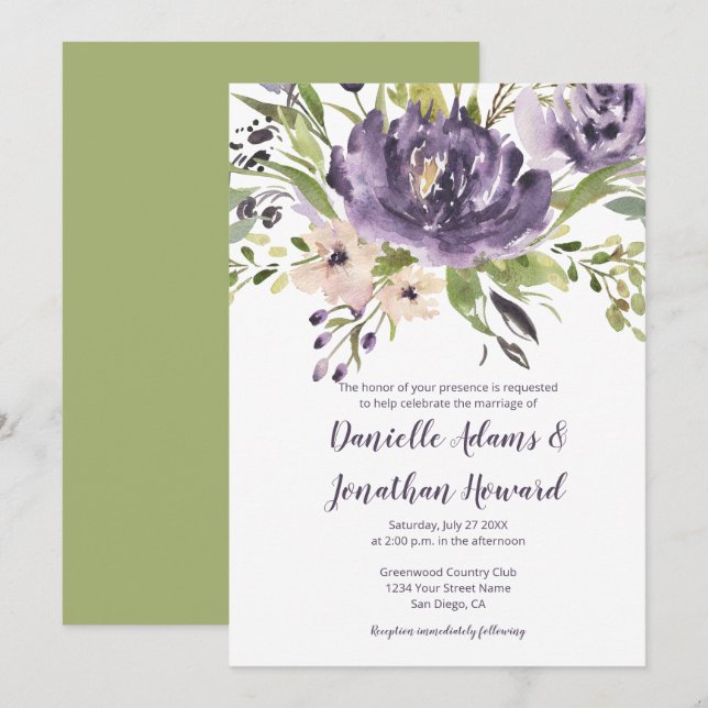 Violet Purple and Green Watercolor Floral Wedding Invitation (Front/Back)