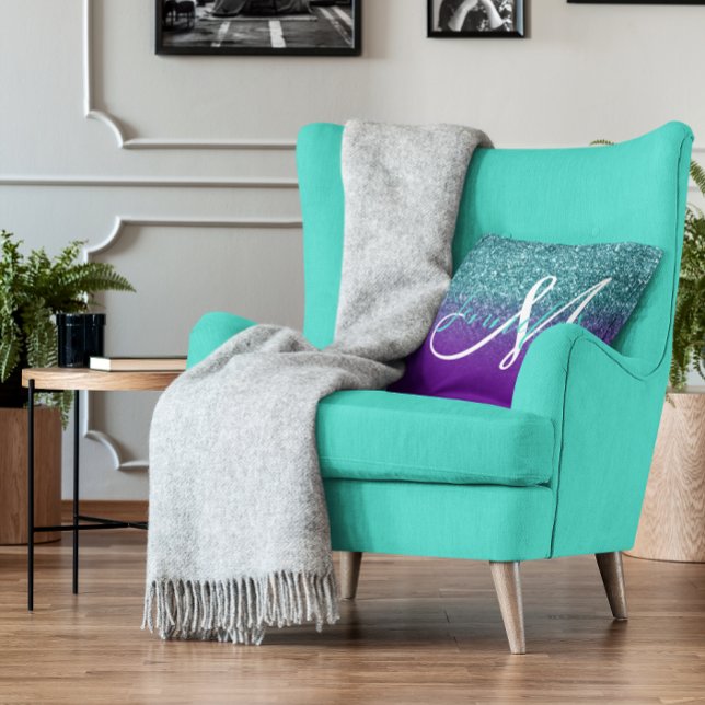 Violet Purple and Teal Ombre Glitter Monogrammed Cushion (Violet Purple and Teal Ombre Glitter Monogram Throw Pillow)