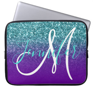 Violet Purple and Teal Ombre Glitter Monogrammed Laptop Sleeve