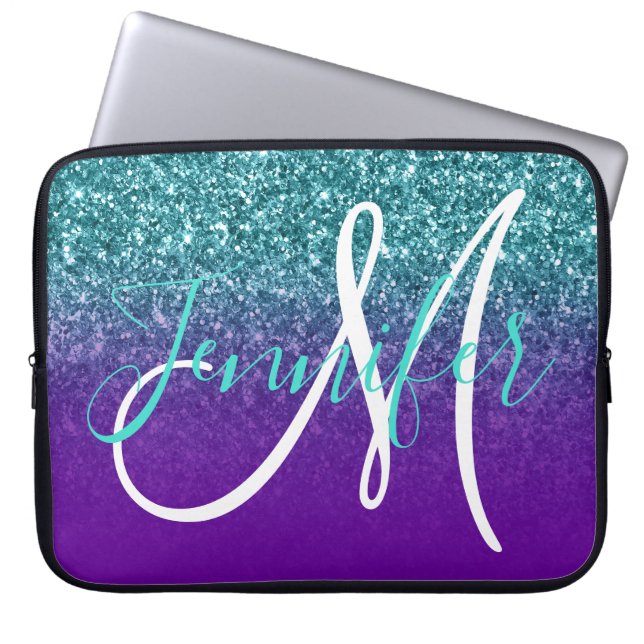 Violet Purple and Teal Ombre Glitter Monogrammed Laptop Sleeve (Front)
