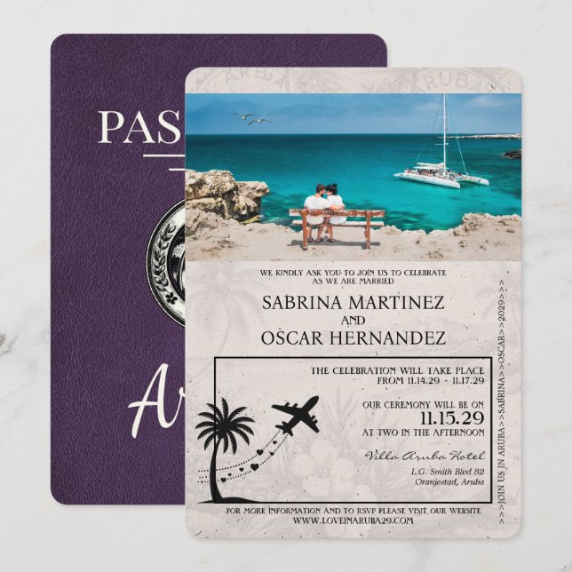 Violet Purple Aruba Passport Wedding Invitation (Front/Back)