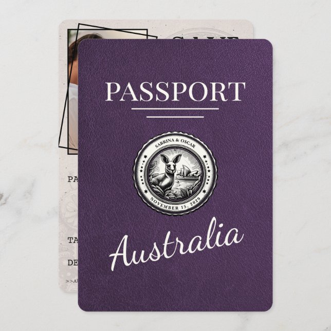 Violet Purple Australia Passport Save The Date (Front/Back)