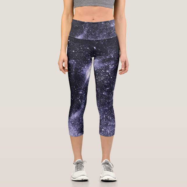 Violet purple black abstract galaxy capri leggings (Front)