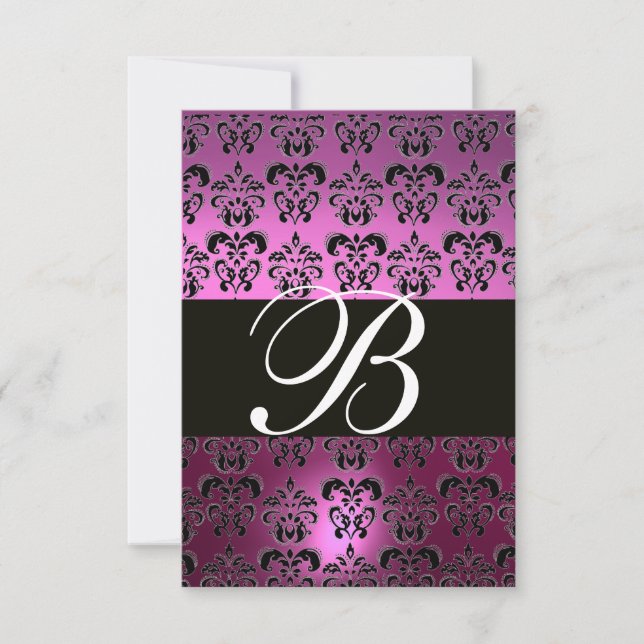 VIOLET PURPLE BLACK DAMASK MONOGRAM RSVP white (Front)