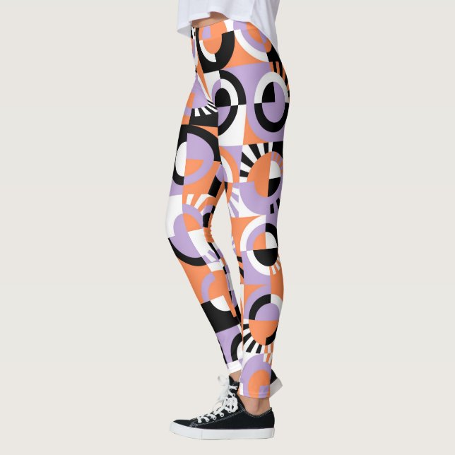 Violet Purple Black Orange Midcentury Art Pattern Leggings (Left)