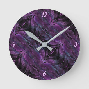 Violet Purple blue black feather texture abstract Round Clock