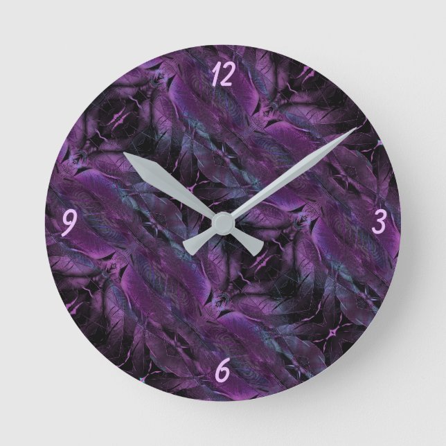 Violet Purple blue black feather texture abstract Round Clock (Front)