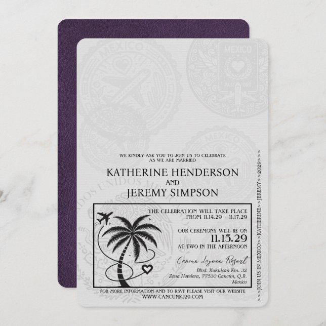 Violet Purple Cancun Passport Wedding Invitation (Front/Back)