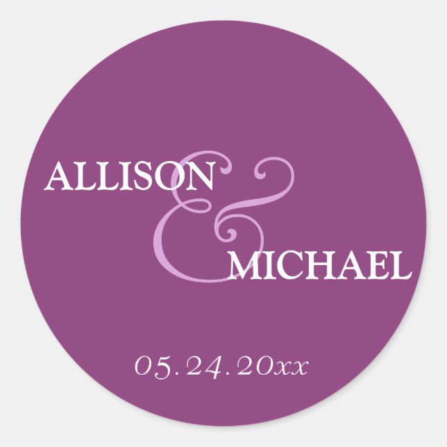 Violet purple custom ampersand wedding favour labe classic round sticker (Front)