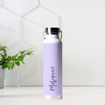 Violet purple custom name script water bottle<br><div class="desc">Violet,  lavender colour as background.  Personalise and add your name.   Purple coloured handwritten style script.</div>