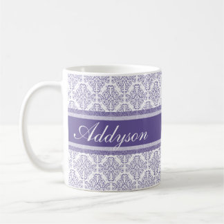 Violet Purple Damask Pattern Custom Name Coffee Mug