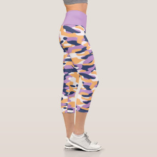Violet Purple Dark Blue Yellow Camouflage Pattern Capri Leggings