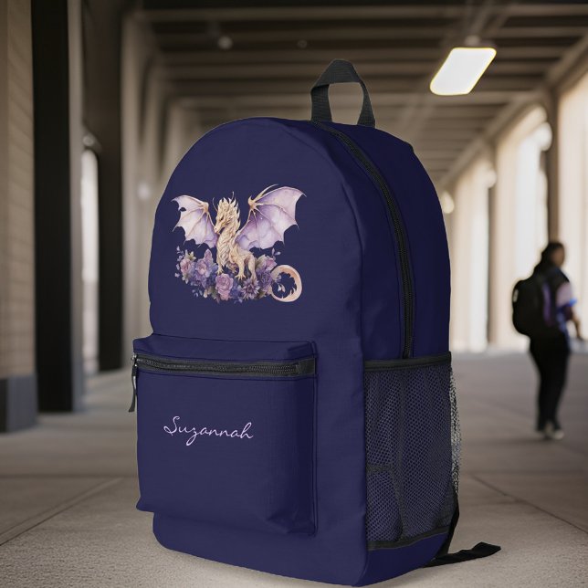 Violet Purple Dragon on Dark Purple with Monogram Printed Backpack (Creator Uploaded)