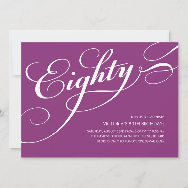 Violet Purple Elegant 80th Birthday Invitations (Front)
