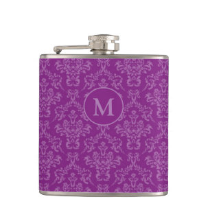 Violet Purple Elegant Vintage Damask Monogram Hip Flask