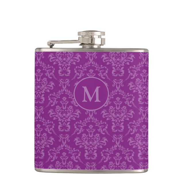 Violet Purple Elegant Vintage Damask Monogram Hip Flask (Front)