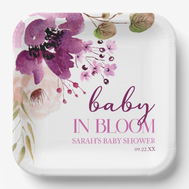 Violet Purple Floral Baby In Bloom Baby Shower Paper Plate (Front)