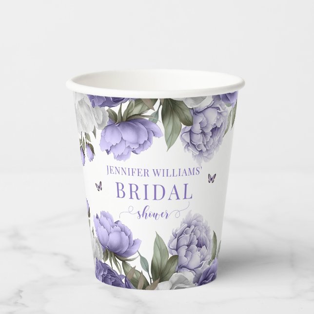 Violet purple floral bridal shower paper cups (Front)