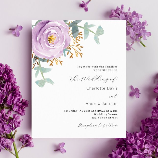 Violet purple floral budget wedding invitation (Creator Uploaded)