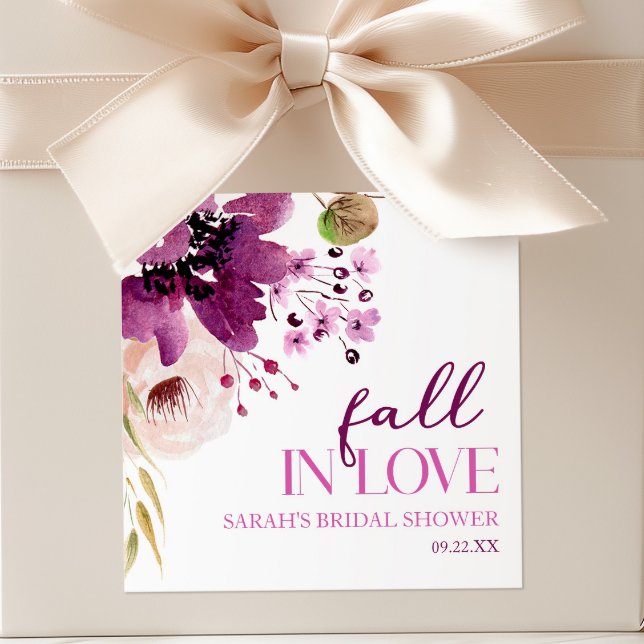 Violet Purple Floral Fall In Love Bridal Shower Square Sticker (Creator Uploaded)