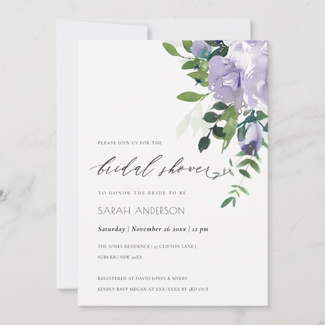 Violet Purple Floral Leafy Bridal Shower Invite (Front)