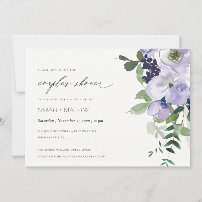 Violet Purple Floral Leafy Couples Shower Invite (Front)