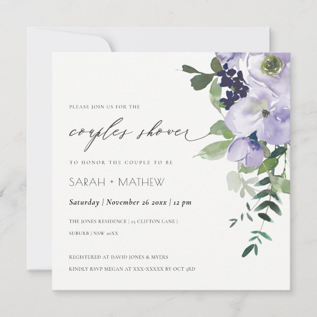 Violet Purple Floral Leafy Couples Shower Invite (Front)